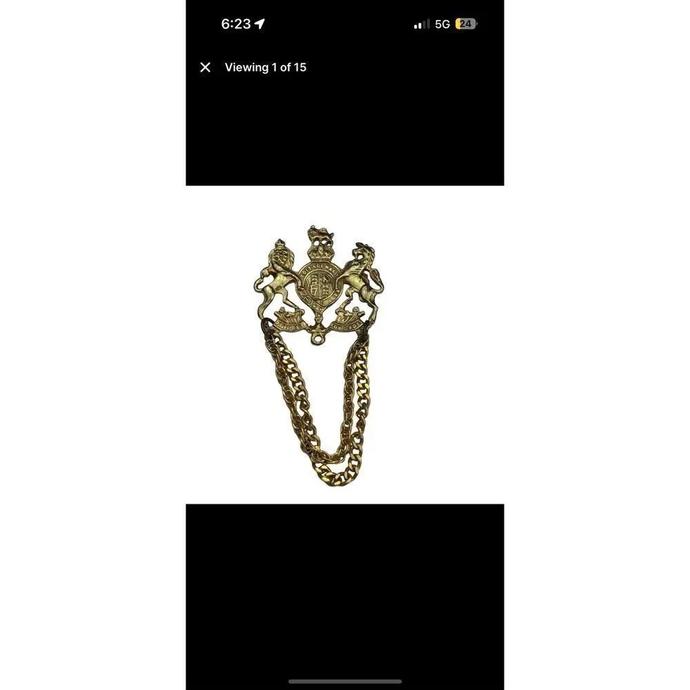 Vintage British Heraldic Double Chain Brooch Cloak Clasp Lion Crest
